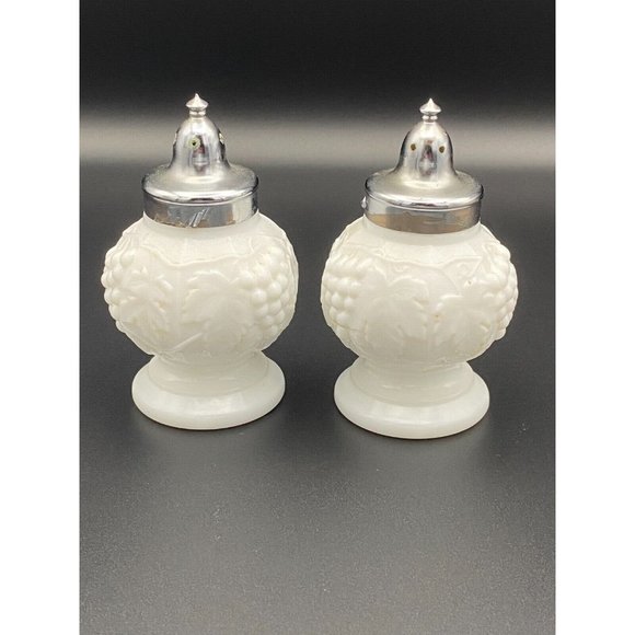 Imperial Milk Glass Salt & Pepper Shaker Set - Grape & Leaf Pattern - Picture 3 of 10